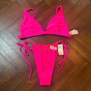Aerie Shine Rib Bikini Set Miami Pink Medium NWT Triangle Top Cheeky Bottom